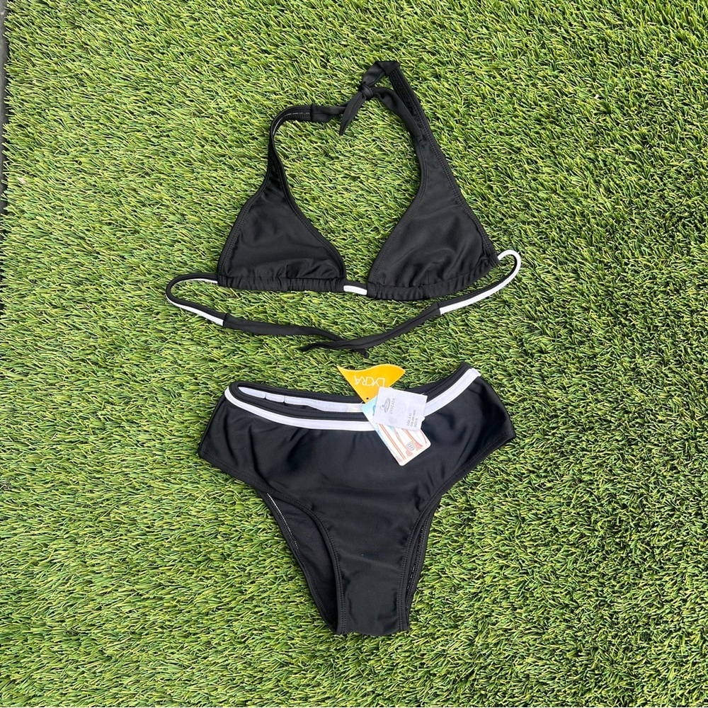 Sliding Triangle Halter Top with Border and High Waist Bottom with Border